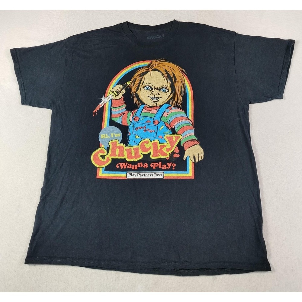 Chucky Shirt Mens Large‎ Black Hi I'm Chucky Wanna Play Horror Movie Graphic Tee